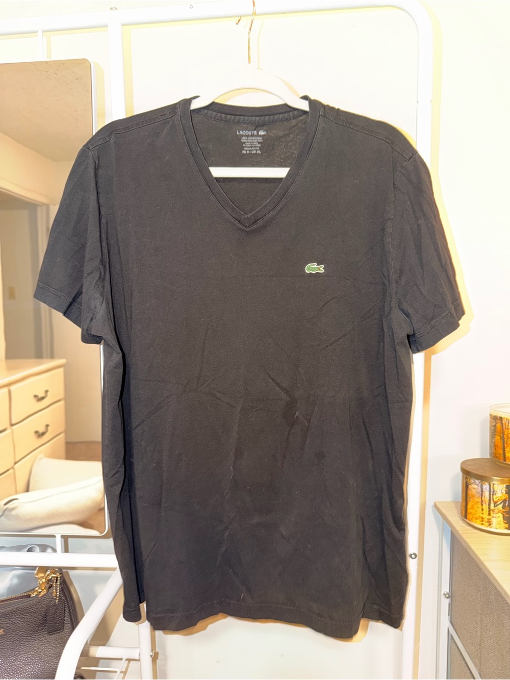 Lacoste Black V-Neck T-Shirt with Green Crocodile Logo